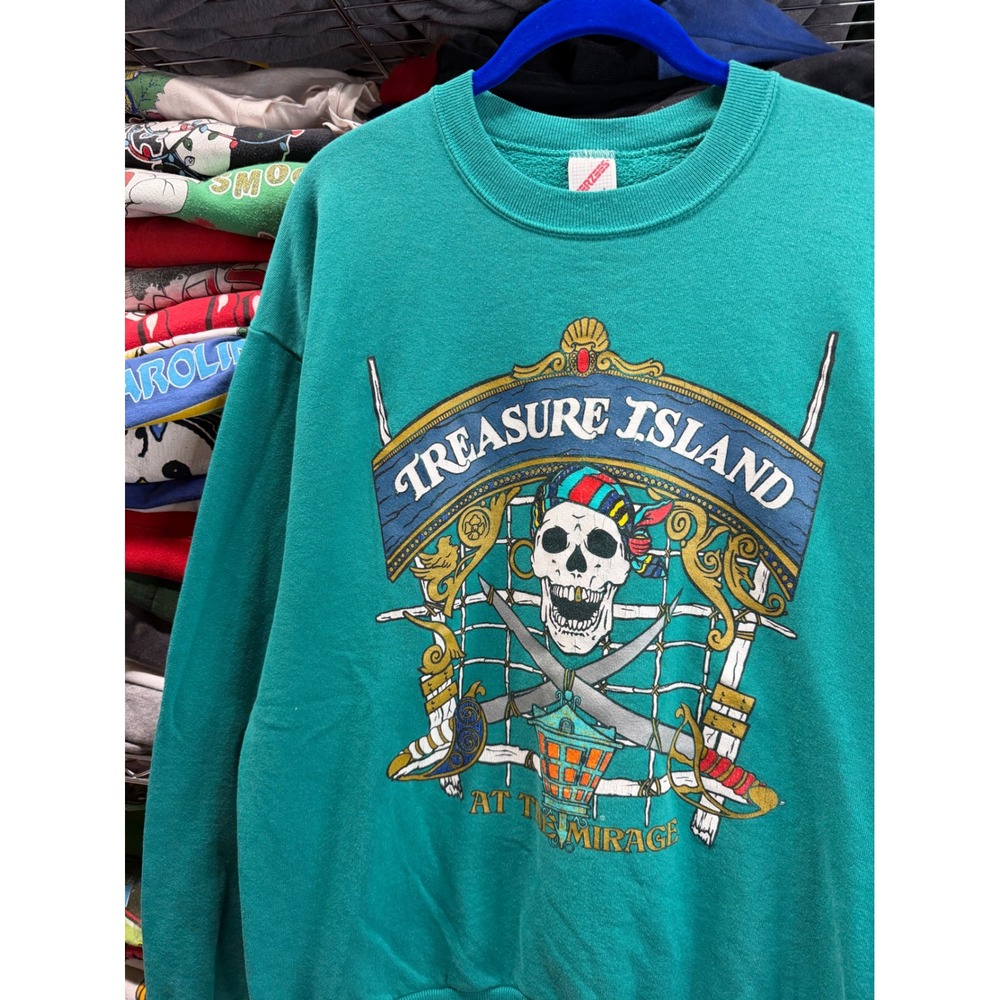 Vintage Jerzees Treasure Island Mirage Las Vegas Pirate Skull Sweatshirt Teal L